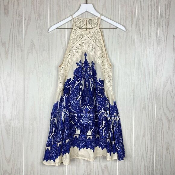 Free People Shea Mini Dress Blue Cream Size XS Boho Festival Swing Slip - Picture 3 of 7